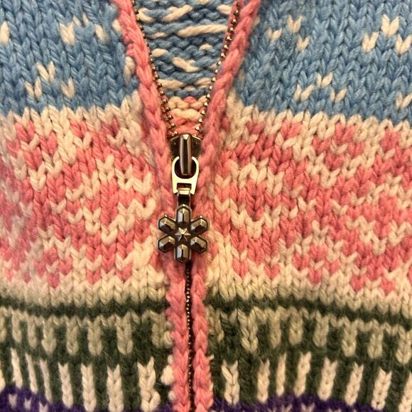 So Fair Isle Cardigan Ski Sweater Large Juniors Zip Front Pink Colorful Y2k - Picture 3 of 8
